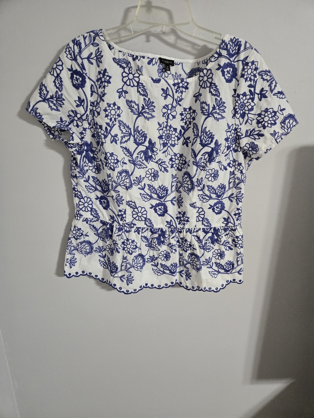 Talbots White Top with Blue Floral Embroidery